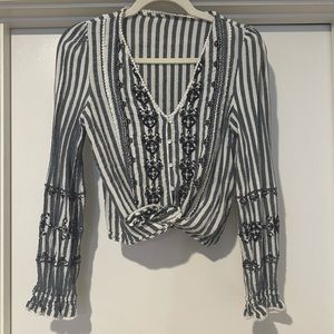 Zara Blue and White Stripped Embroidered Crop Top